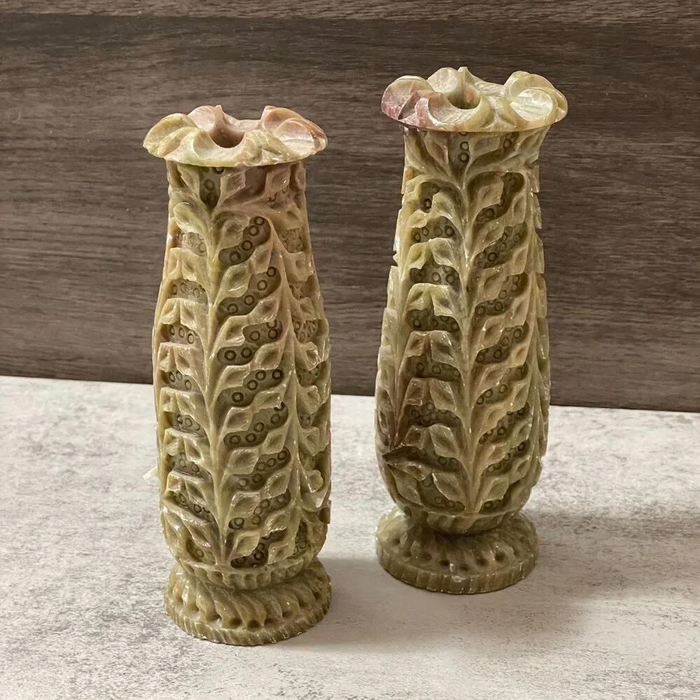 Vintage Pier 1 Carved Green Pink Floral Soapstone Columnar Vases Set of Two 6